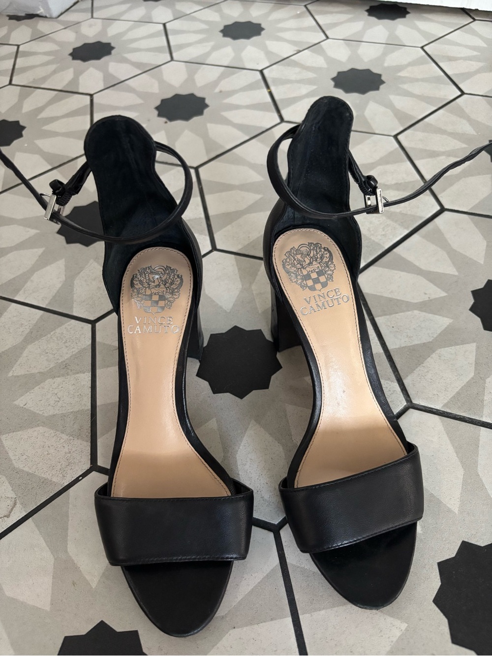 Vince Camuto Black Leather Ankle-Strap Block Heels